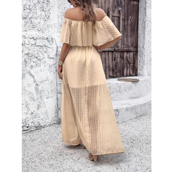 Sheer polkadot lace ruffle off the shoulder cream boho maxi dress - Picture 2 of 2